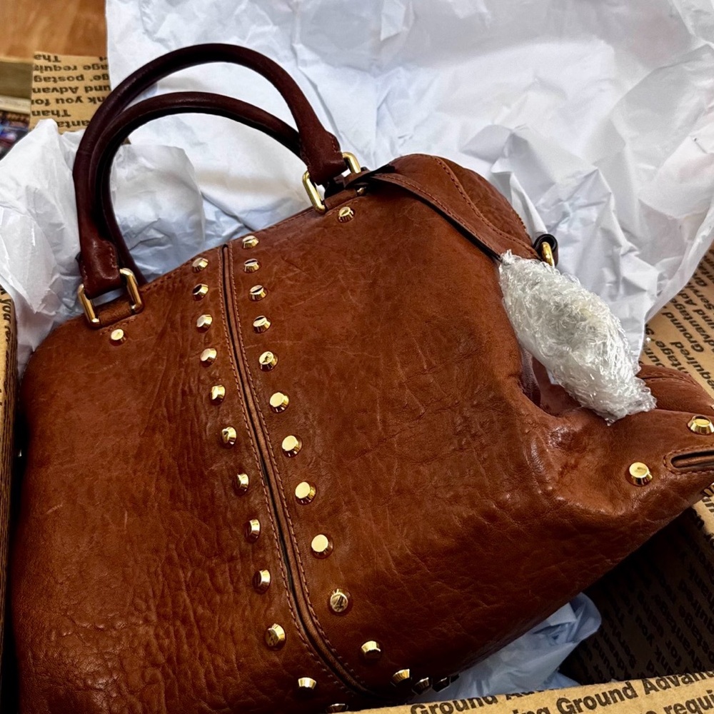 Michael Kors Uptown Astor Studded Dome Satchel Cognac Brown Leather